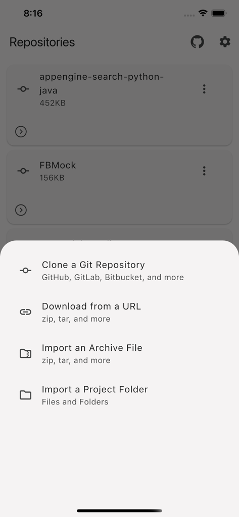 Codiscover: Code Browser - Interface do aplicativo Codiscover mostrando um menu com opções para clonar repositórios git ou importar código de URLs e pastas locais