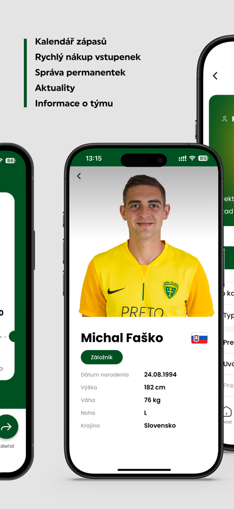 MŠK Žilina - MŠK Žilina mobile app showing soccer player Michal Fasko profile