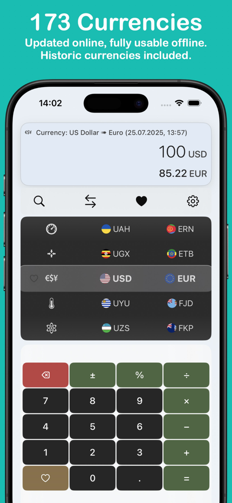 Measures Unit Converter - Measures app currency converter interface showing USD to EUR conversion with flags and a custom keypad