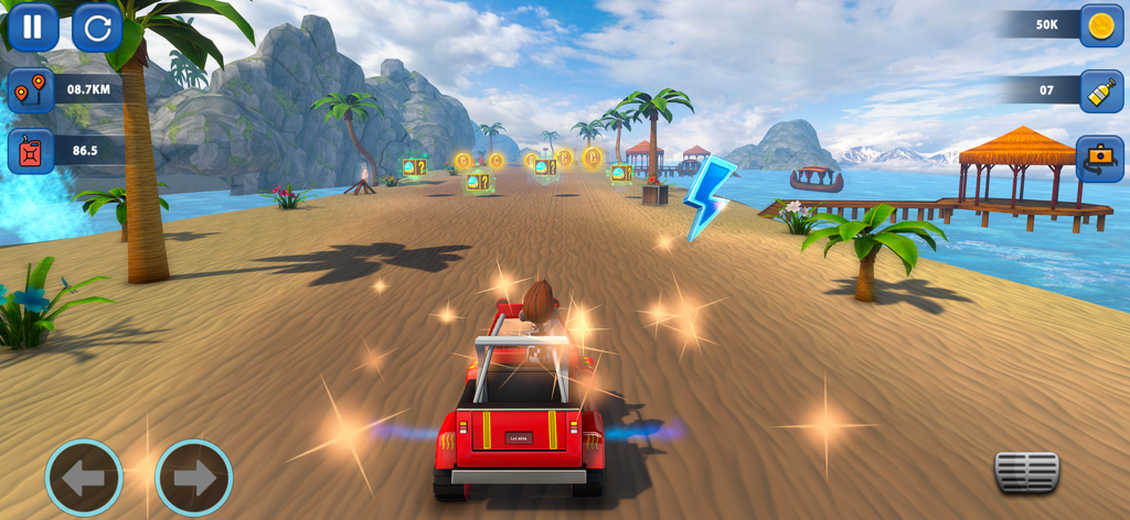 Beach Car: Buggy Racing Games - 赤いレーシングバギーがヤシの木と山のある熱帯のビーチトラックを運転している