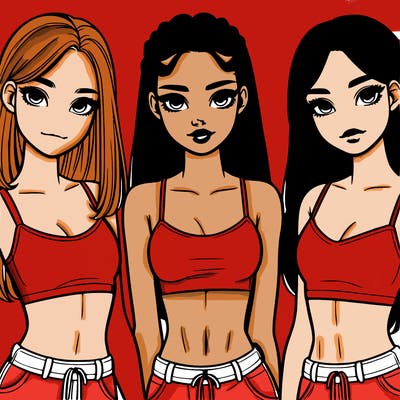three teenage (two black one white) girls with crop tops realistic and pretty