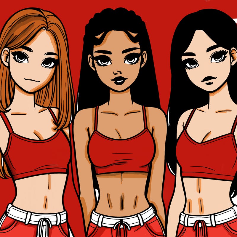 three teenage (two black one white) girls with crop tops realistic and pretty