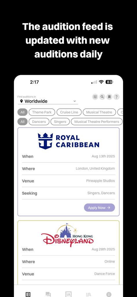 Industry Auditions - Un'interfaccia di app mobile che mostra gli elenchi di audizioni aggiornati quotidianamente per i performer, inclusi Royal Caribbean e Disneyland.