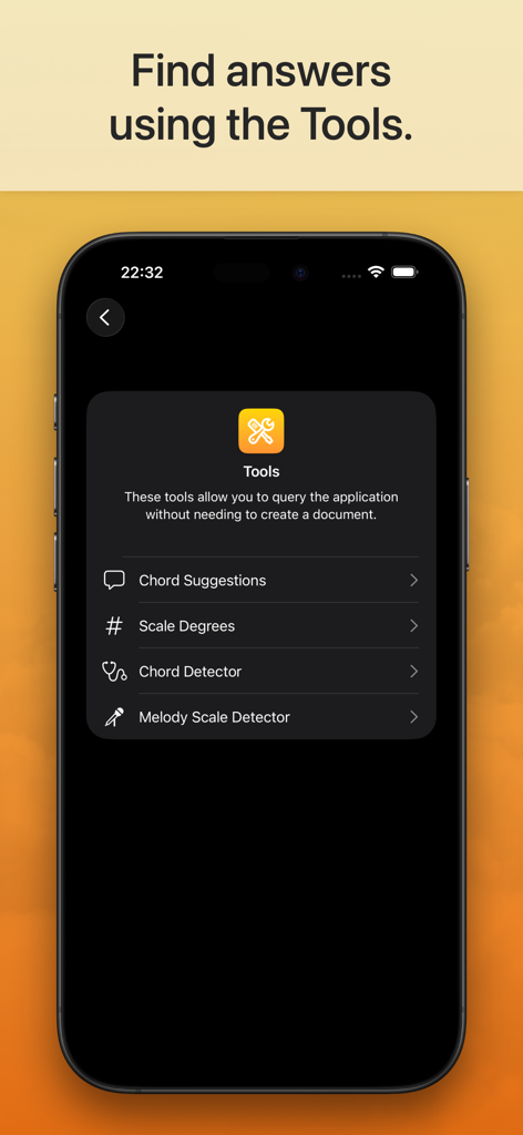 Suggester 2 : Chords & Scales - Suggester 2 App Tools-Oberfläche mit Akkordvorschlägen und Skalendetektor-Optionen