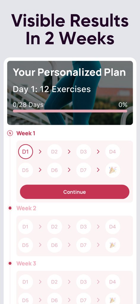 Personalized workout plan and progress tracker showing a 28 day schedule for glute and leg toning.