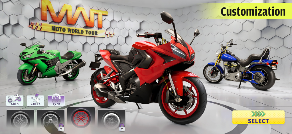 Moto World Tour: Bike Racing - Motorcycle customization menu in a showroom featuring various bike models and tire options
