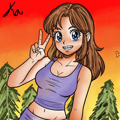 a girl who is smiling with braces on and has no background in the picture, she has a tank top on and we only see up to half her belly, one arm is doing the peace symbol and her other arm is down, the arm with the peace symbol is kinda bent words her face