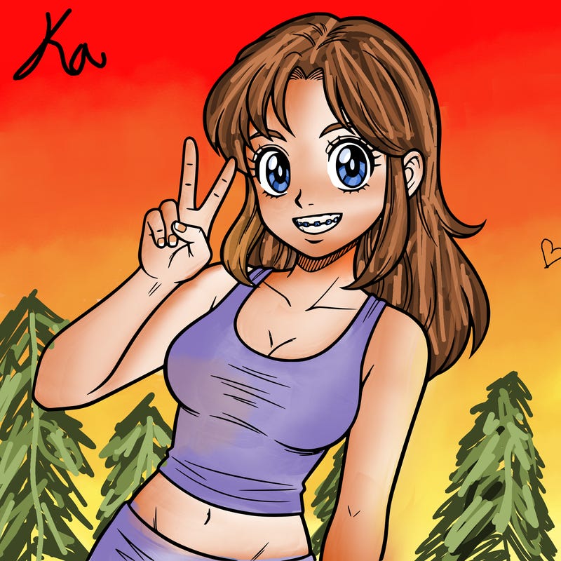 a girl who is smiling with braces on and has no background in the picture, she has a tank top on and we only see up to half her belly, one arm is doing the peace symbol and her other arm is down, the arm with the peace symbol is kinda bent words her face