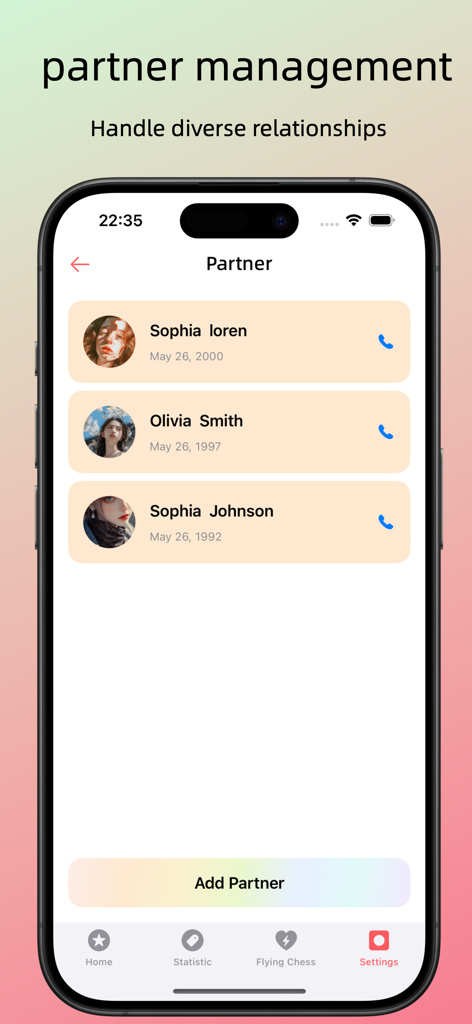 YunYu 앱의 파트너 관리 인터페이스로 관계 목록을 보여줍니다.