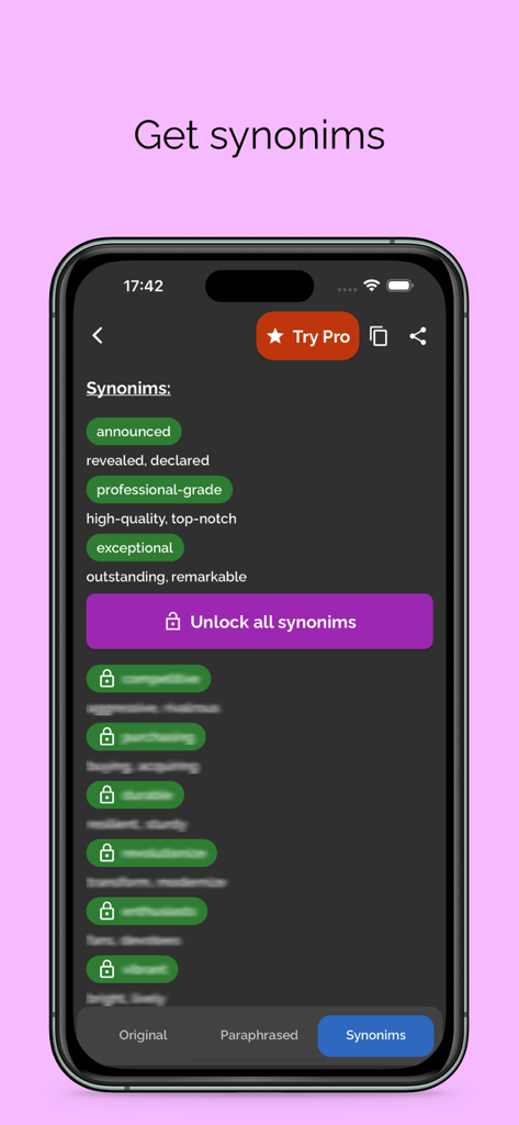 iPhone画面に、さまざまな単語の類義語のリストを表示する言い換えツールアプリのインターフェイス。
