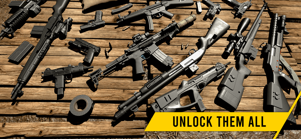 GUNSIM - 3D Gun Shooter FPS - A variety of highly detailed 3D rifles, pistols, and shotguns laid out on a wooden surface with the text unlock them all.