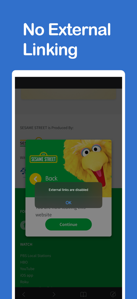 Screenshot des Kinder Browsers, der eine Benachrichtigung anzeigt, dass externe Links zur Kindersicherheit deaktiviert sind.