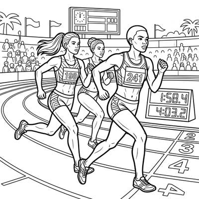Dive into the exhilarating world of track and field with this dynamic coloring page featuring determined middle-distance runners. Perfect for athletes and sports enthusiasts, bring their race to life with your favorite colors.