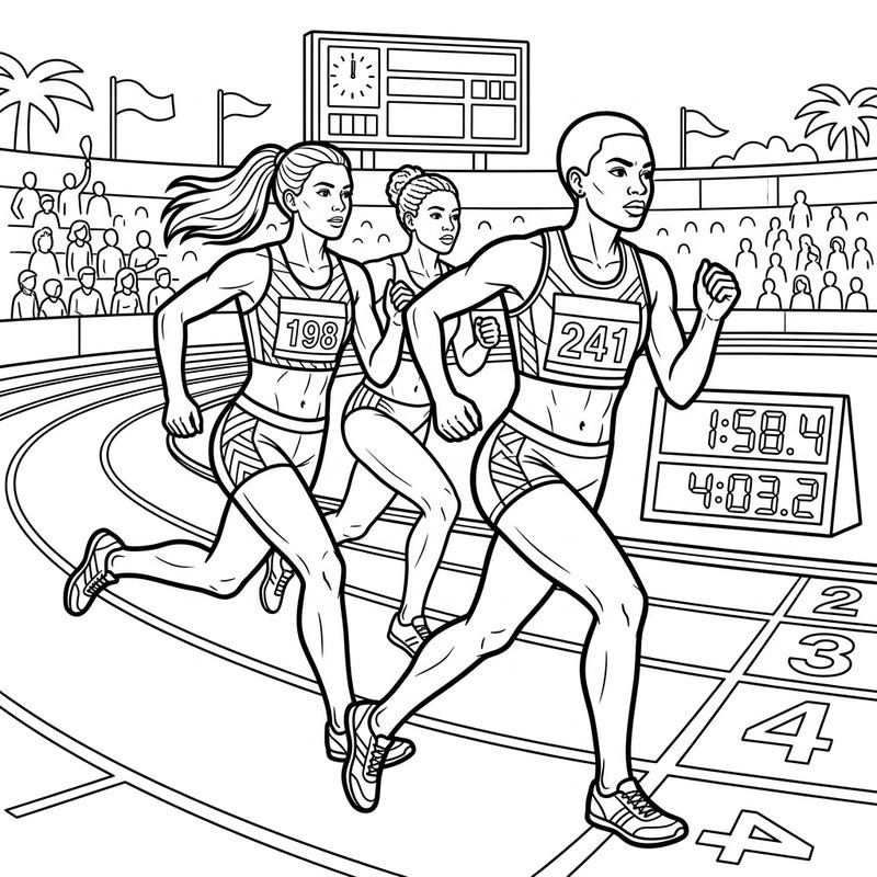 Dive into the exhilarating world of track and field with this dynamic coloring page featuring determined middle-distance runners. Perfect for athletes and sports enthusiasts, bring their race to life with your favorite colors.