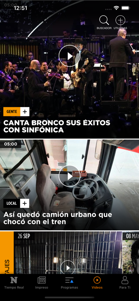 Captura de pantalla de la sección de video de la aplicación EL NORTE con titulares de noticias sobre entretenimiento y eventos locales en Monterrey