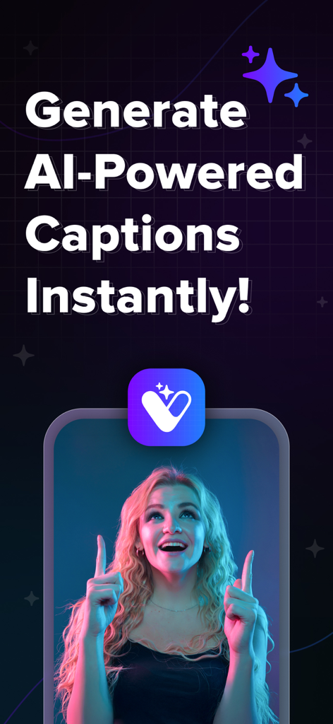 Promotional screen for AI Captions Video Editor showing a young creator and the text Generate AI Powered Captions Instantly