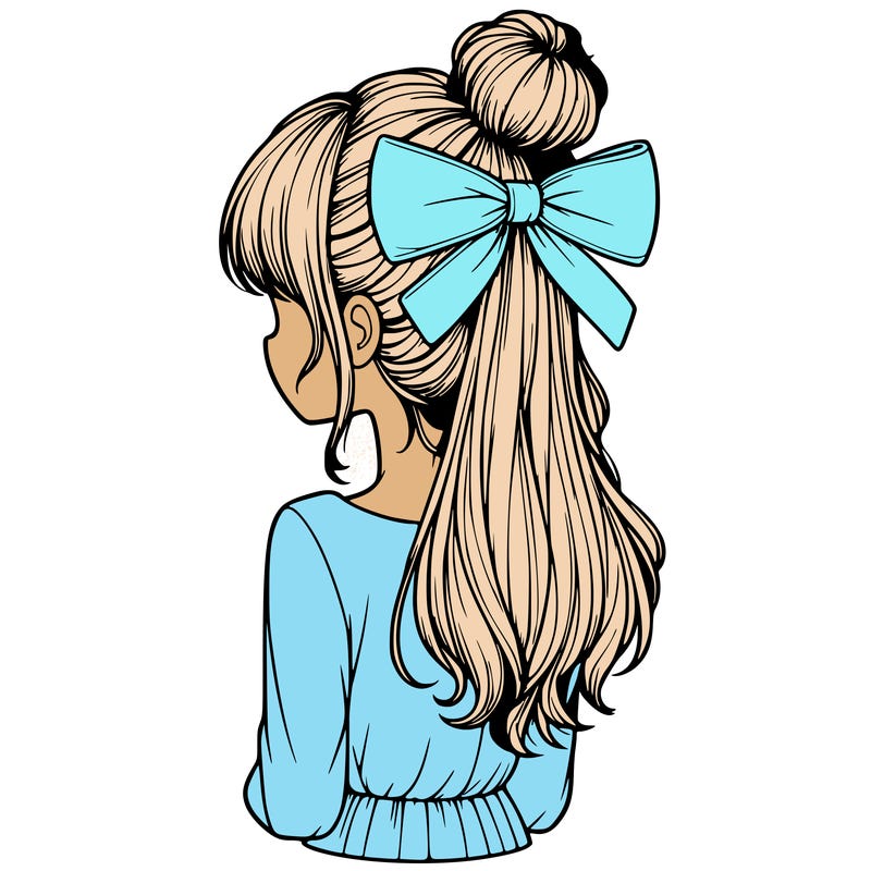 realistic girl  with hip length hair a bun and a big bow on the back of head