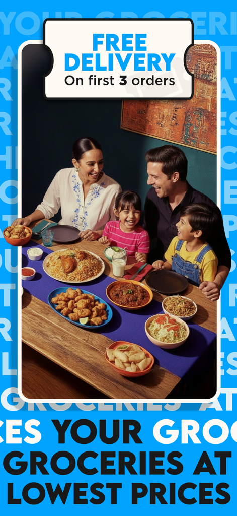 A happy Pakistani family enjoying a meal together with a promotional offer for free delivery on the first three orders from the Bazaar app.