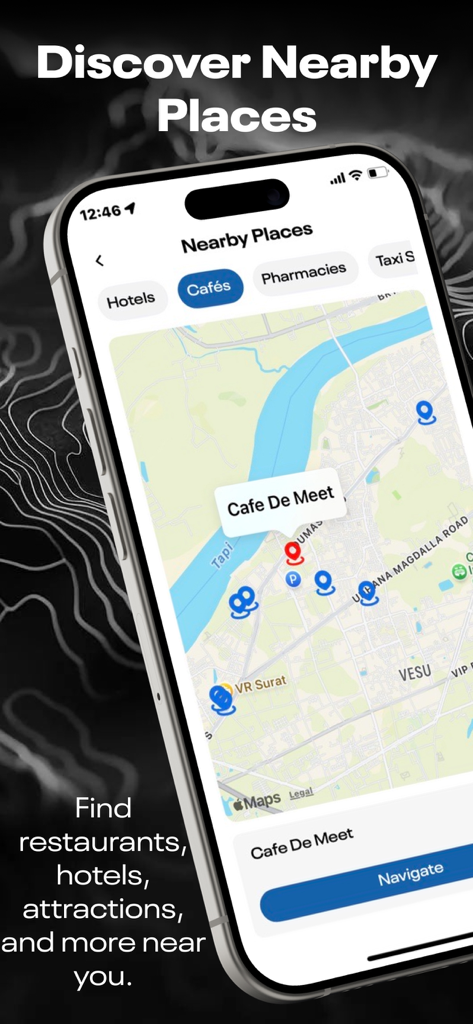 Écran d'iPhone montrant la fonction de recherche de lieux à proximité sur une carte avec des catégories pour les cafés et les hôtels