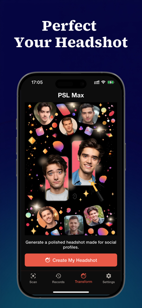 PSL Max - Face Rating Looksmax - PSL Max app screen showing professional AI-generated headshots for social media and dating profiles