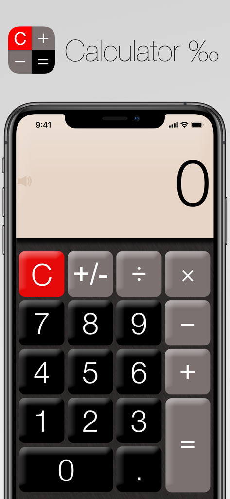 Calculator‰ - Interfaz de la aplicación Calculator con botones grandes de alto contraste y una pantalla digital clara en la pantalla de un iPhone.