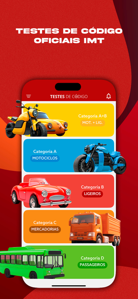 Schermata dell'app mobile che mostra le categorie per l'esame teorico della patente di guida portoghese, incluse auto, moto e camion.