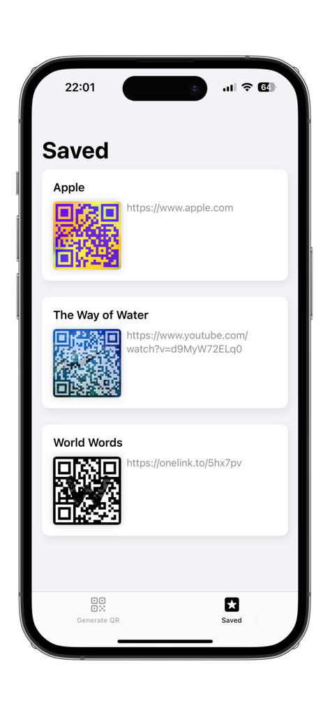 My QR - Une interface mobile affichant une liste de codes QR personnalisés enregistrés avec diverses couleurs et designs sur un iPhone.