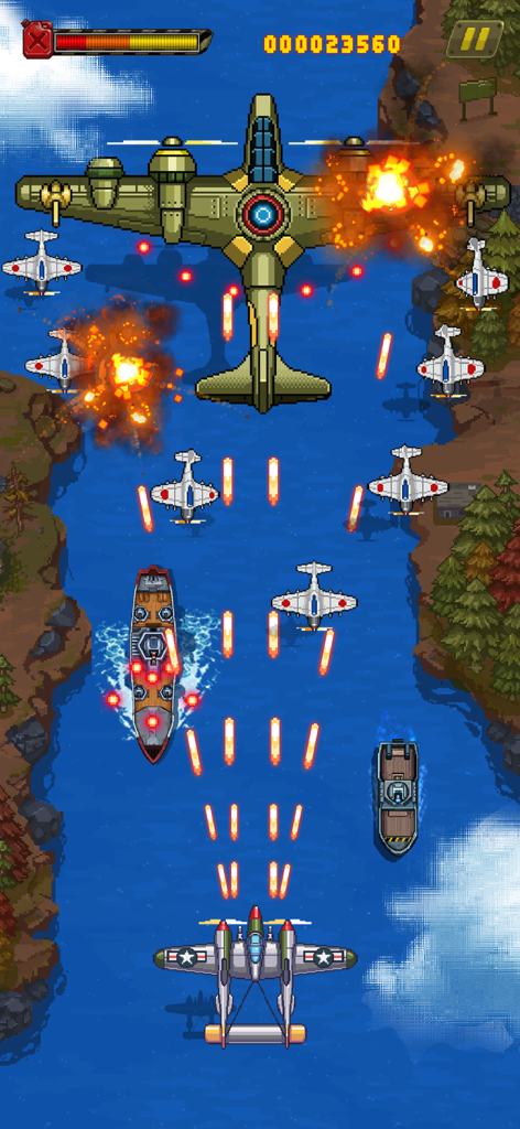 1945 Air Force: Airplane Games - Visão de cima para baixo de um avião da Segunda Guerra Mundial atirando em um grande avião chefe inimigo e navios sobre um rio em um jogo arcade estilo bullet-hell.