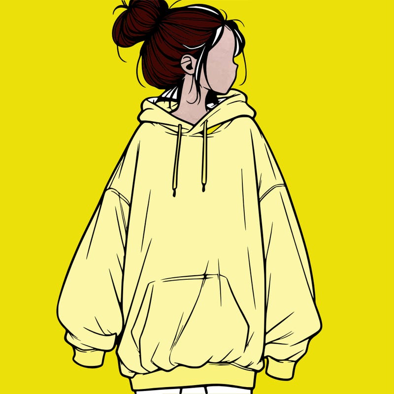 realistic girl with a oversized sweatshirt on and a bun