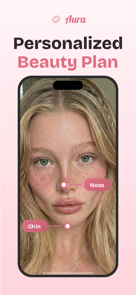 Aura: Your Glow Up Version - Captura de pantalla de la aplicación Aura que muestra un plan de belleza personalizado con marcadores de análisis facial de IA en el rostro de una mujer.