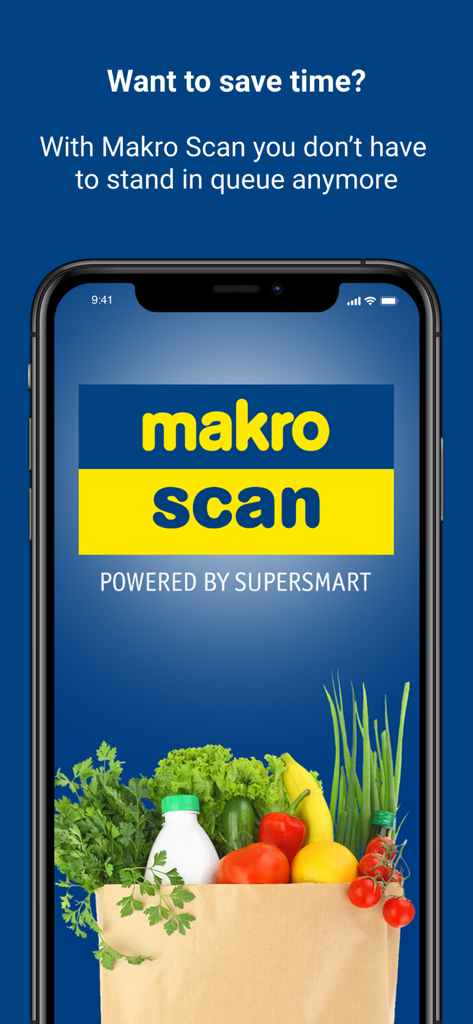 makro scan - Makro Scan app welcome screen showing a bag of groceries and text about skipping checkout lines to save time