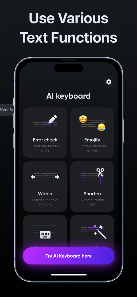 AI Keyboard, Writing Assistant - Écran de smartphone montrant les fonctionnalités du Clavier IA comme la vérification des erreurs, l'émoticonisation et l'expansion de texte