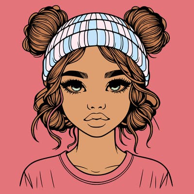 realistic girl with buns in her hair with a beanie on