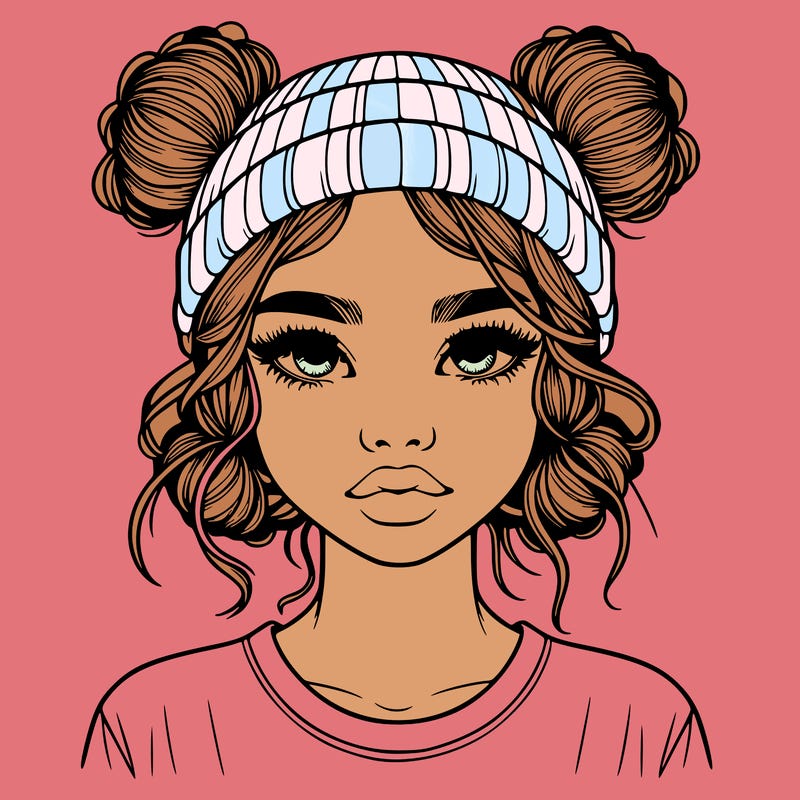 realistic girl with buns in her hair with a beanie on