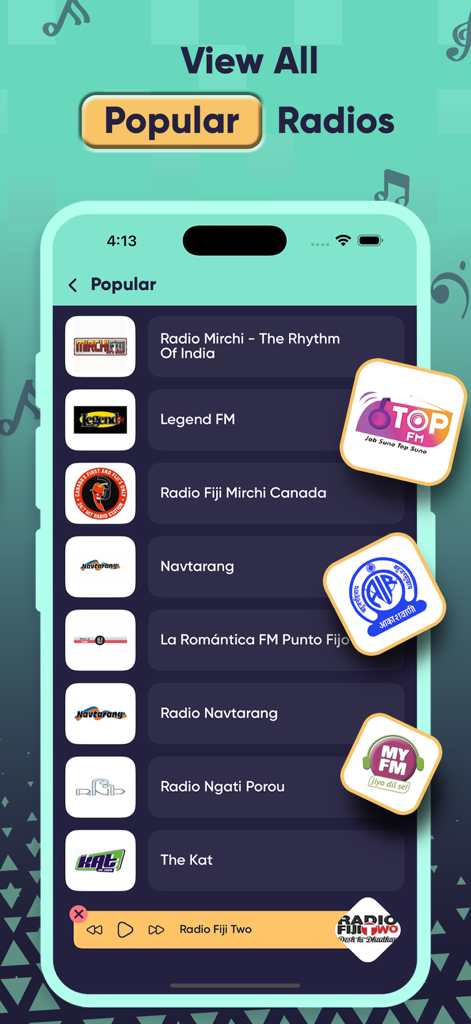 Fiji Radio - All FIji Live FM - Mobile interface of Fiji Radio app displaying a list of popular radio stations including Radio Mirchi and Legend FM