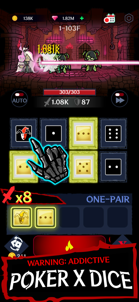 Dark Tap Dice - Una captura de pantalla de juego móvil de Dark Tap Dice con mecánicas de colocación de dados y combate de manos de póker en un estilo de fantasía oscura.