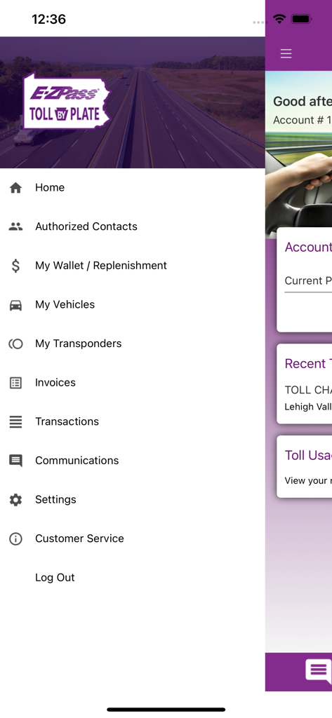 PA Toll Pay - Navigation menu for the PA Toll Pay mobile app
