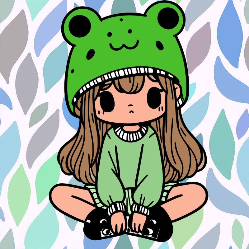 a girl wearing a frog hat and some frog socks