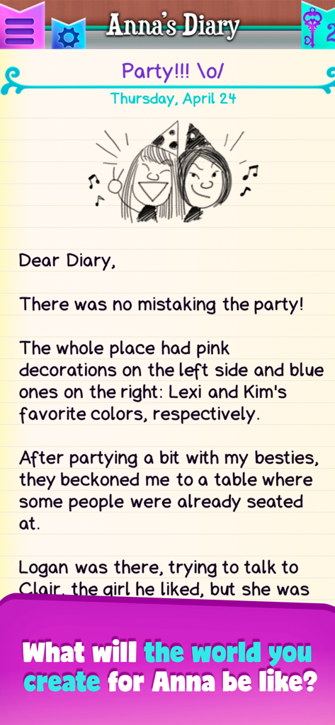 Dear Diary - Interactive Story - A screenshot of the Dear Diary mobile game showing a diary entry about a party with hand-drawn doodles and storytelling text.