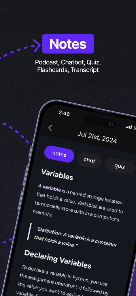 Turbo AI app interface showing generated notes about programming variables on a smartphone screen
