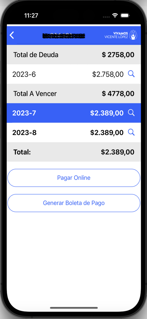 Interface de l'application SAT Movil montrant les détails de la dette fiscale et les options de paiement en ligne pour Vicente Lopez