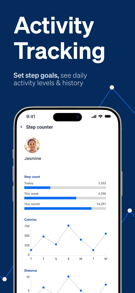 COSMO: Mission Control - Smartphone screen of the COSMO Mission Control app showing a childs activity tracking including step counts and calories burned charts