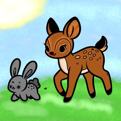 a fawn walking with a cute bunny