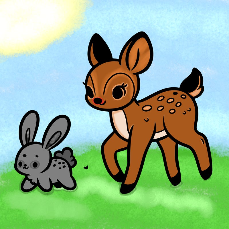 a fawn walking with a cute bunny