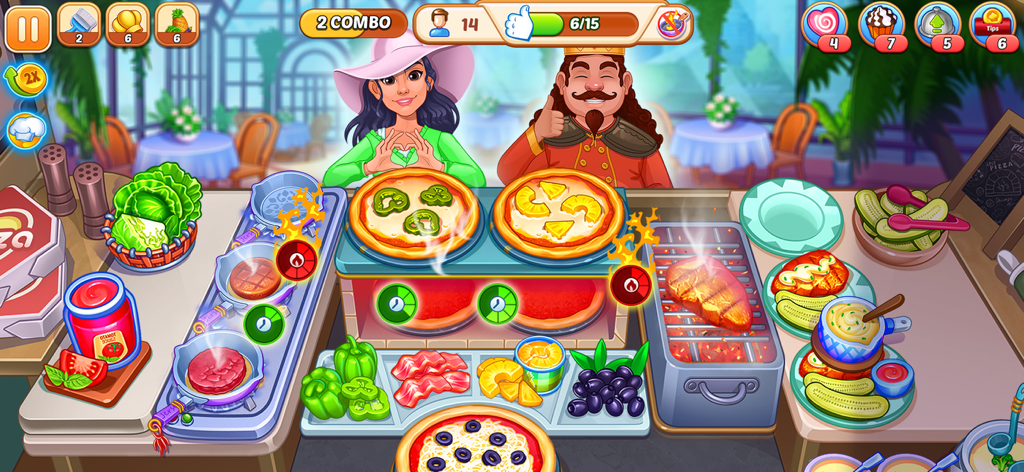 Juego de My Cafe Shop mostrando a un chef preparando pizza y filete para los clientes en una cocina concurrida.