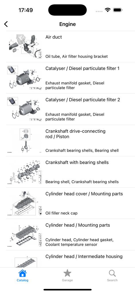 Car Parts - OEM catalogs - List of car engine parts and technical assembly diagrams in the OEM catalog app