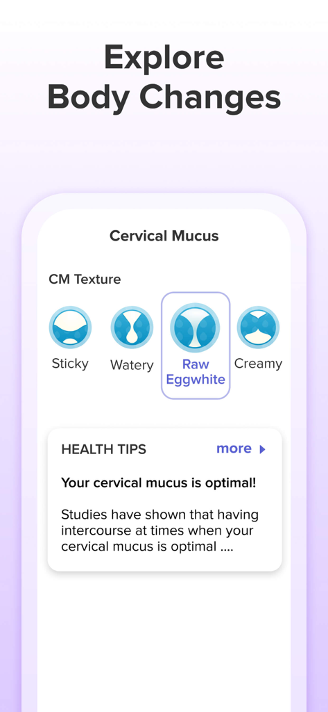 Mobile interface showing cervical mucus texture selection and health tips in the Glow Eve period tracker app.