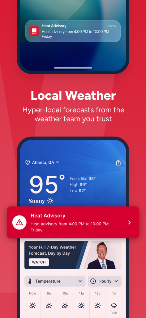 Screenshot of the 11Alive news app showing a heat advisory alert and local Atlanta weather forecast
