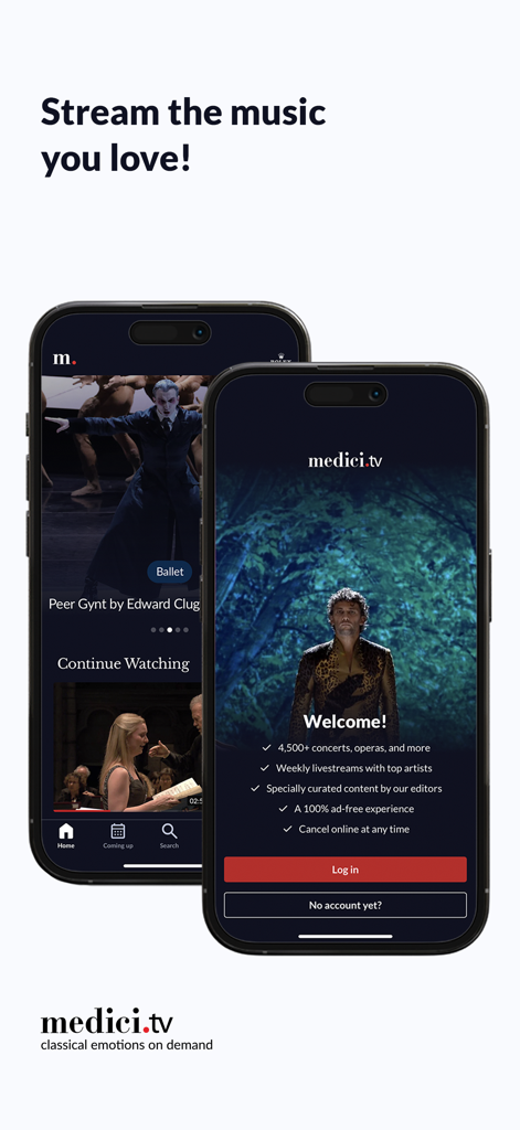 medici.tv: classical music - Two iPhones displaying the medici.tv app interface featuring a ballet performance and a list of subscription benefits like ad-free streaming