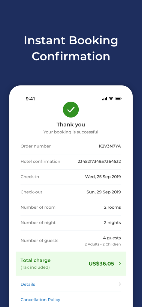 Travala app screen displaying a successful hotel booking confirmation with reservation details and total price